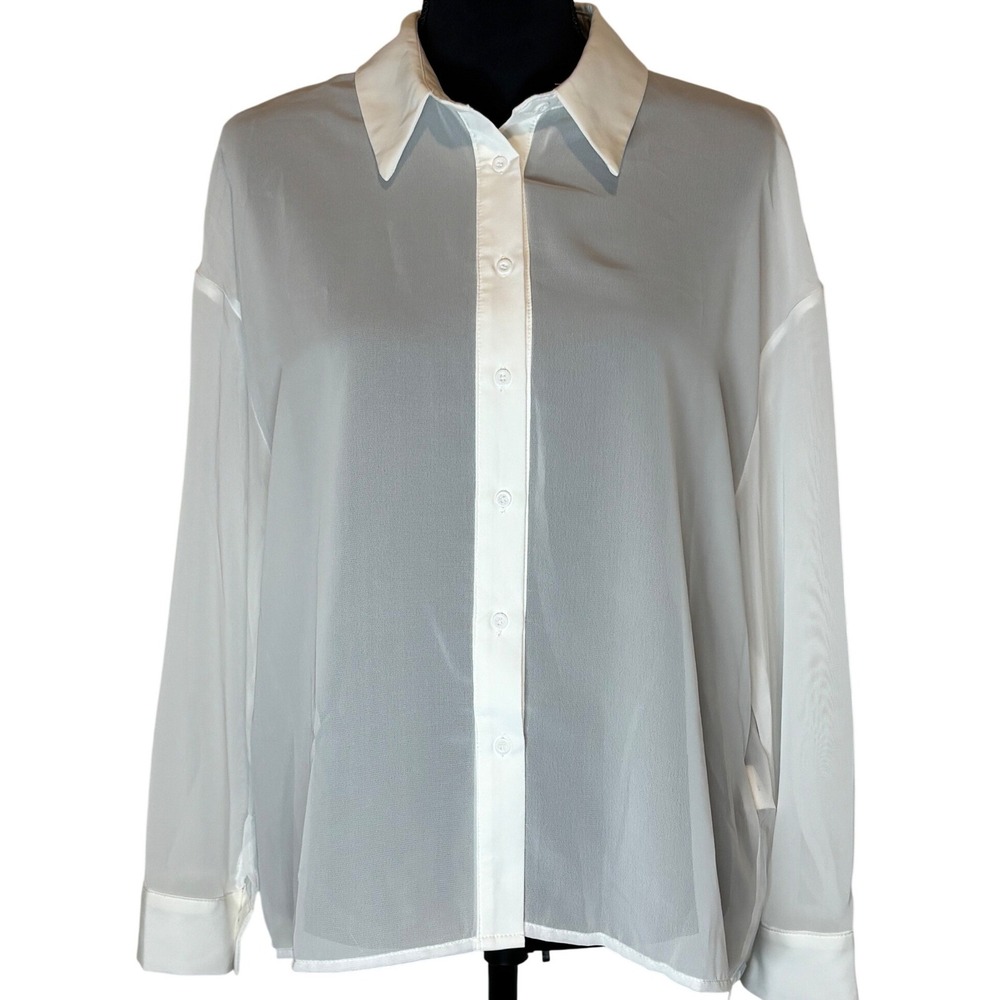 NWT Gorglitter Womens White Sheer Chiffon Button Down Blouse Long Sleeve Size S